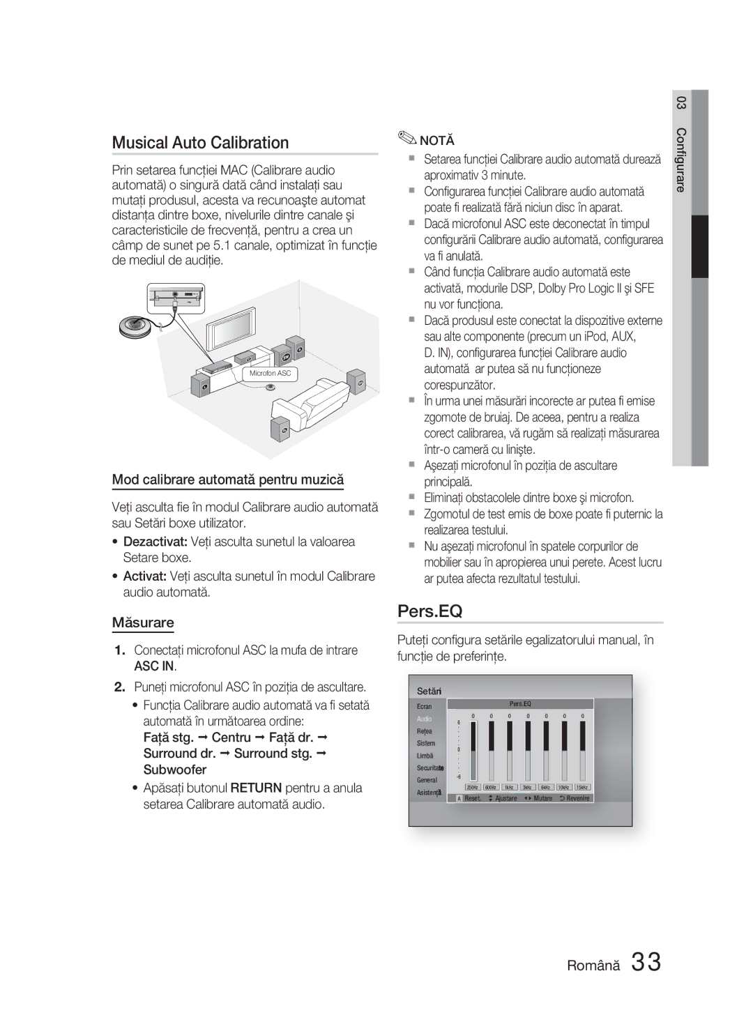 Samsung HT-D5000/EN manual Musical Auto Calibration, Pers.EQ, Mod calibrare automată pentru muzică, Măsurare, Asc 