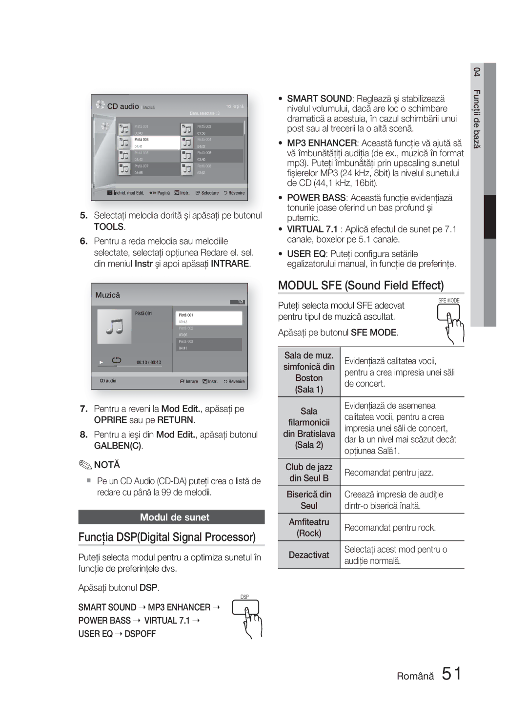 Samsung HT-D5000/EN manual Modul SFE Sound Field Effect, Funcţia DSPDigital Signal Processor, Modul de sunet 