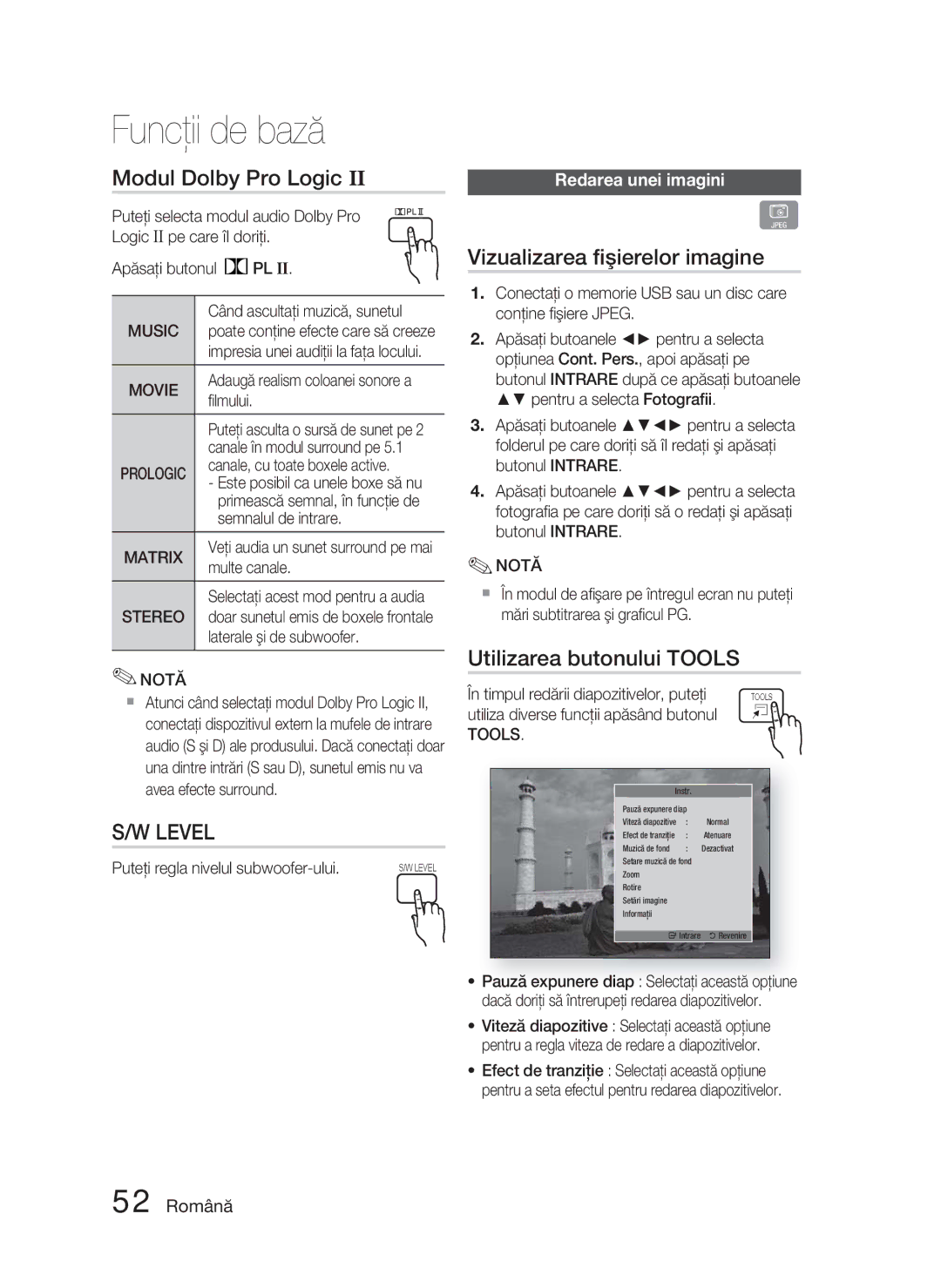 Samsung HT-D5000/EN manual Modul Dolby Pro Logic, Vizualizarea ﬁşierelor imagine, Utilizarea butonului Tools, 52 Română 