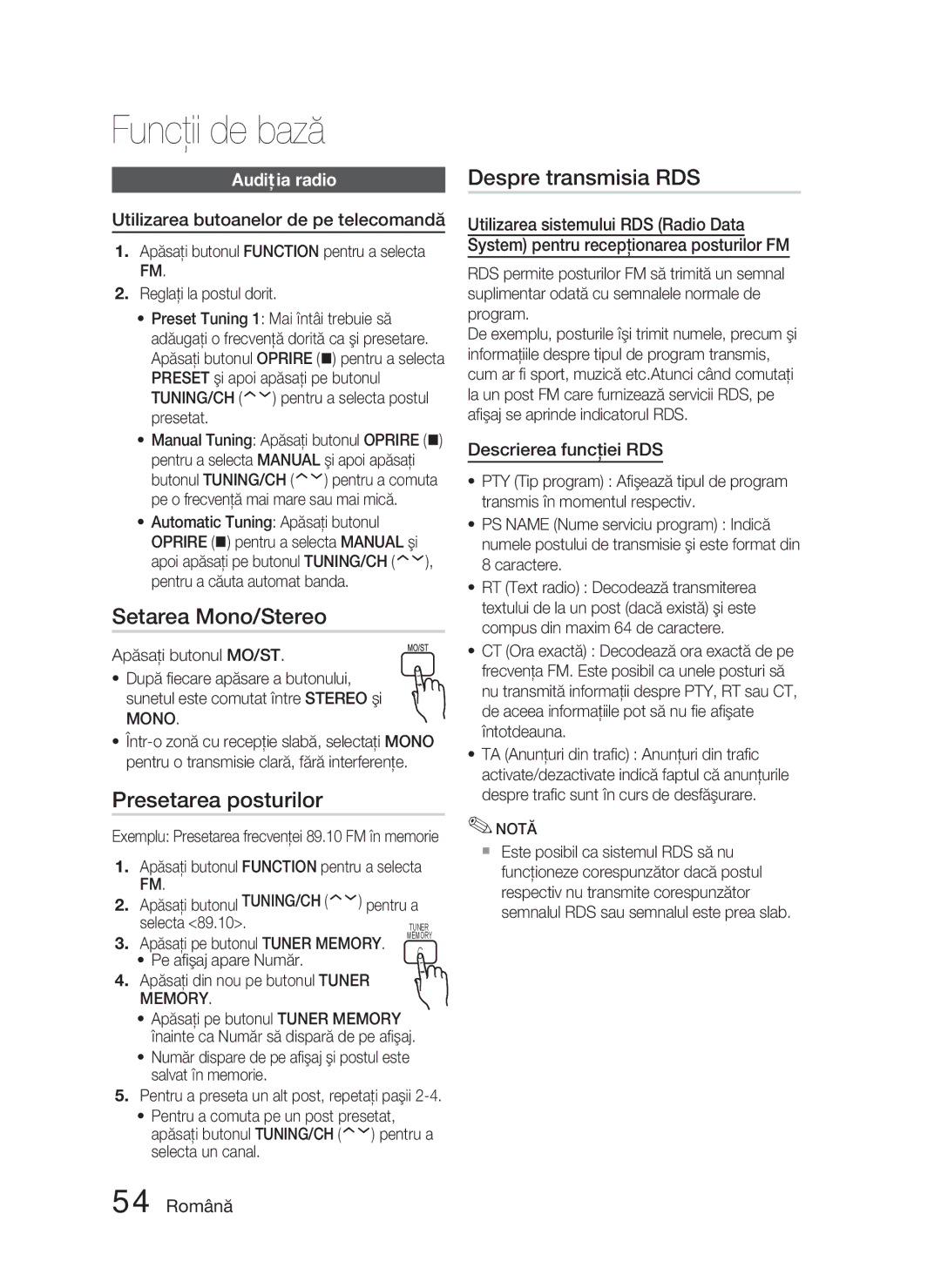 Samsung HT-D5000/EN manual Setarea Mono/Stereo, Presetarea posturilor, Despre transmisia RDS, Audiţia radio 