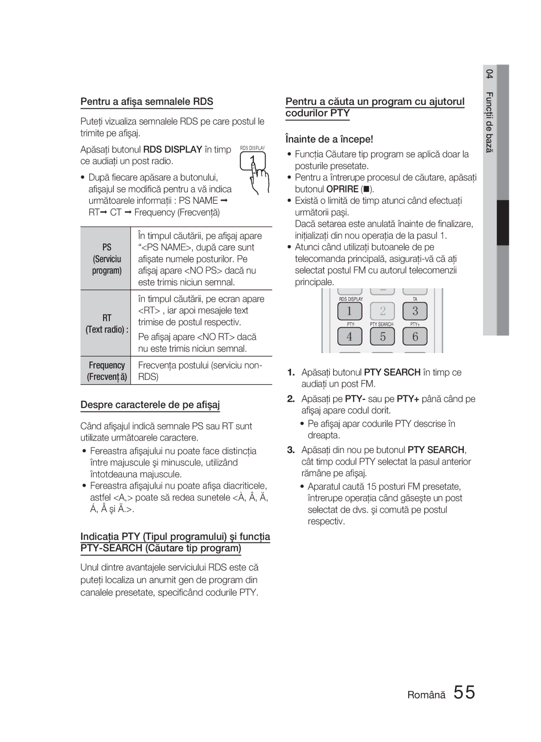 Samsung HT-D5000/EN manual Pentru a aﬁşa semnalele RDS, Despre caracterele de pe aﬁşaj, Codurilor PTY 