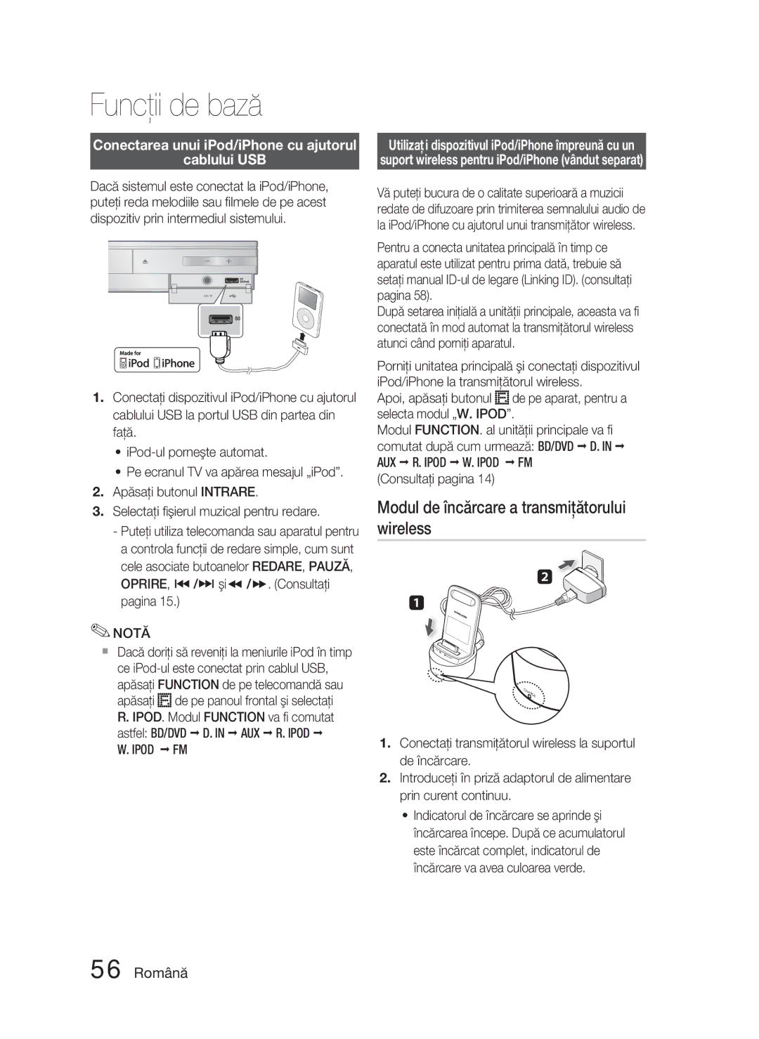 Samsung HT-D5000/EN Modul de încărcare a transmiţătorului wireless, Conectarea unui iPod/iPhone cu ajutorul Cablului USB 