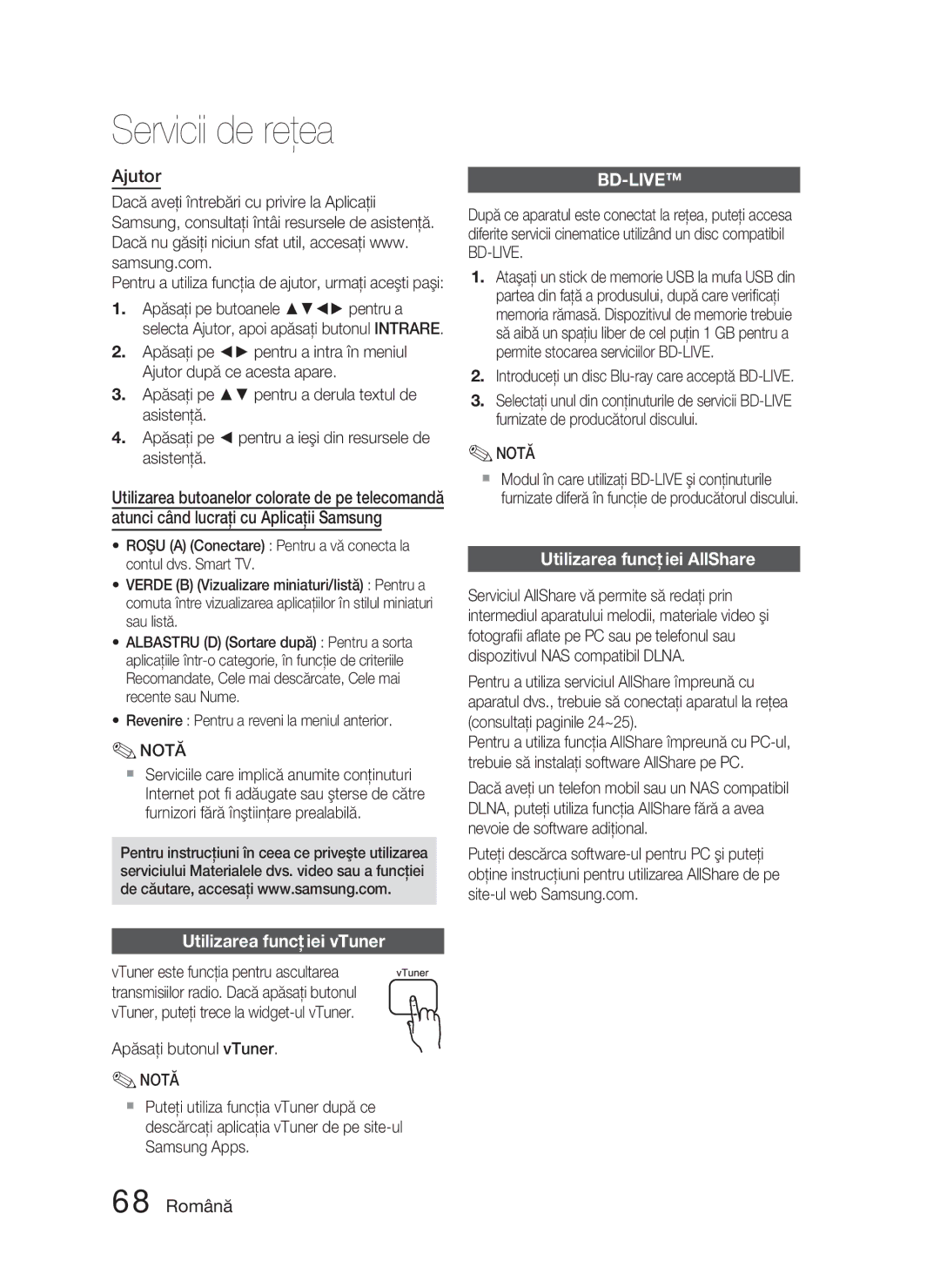 Samsung HT-D5000/EN manual Ajutor, Utilizarea funcţiei vTuner, Utilizarea funcţiei AllShare, 68 Română 