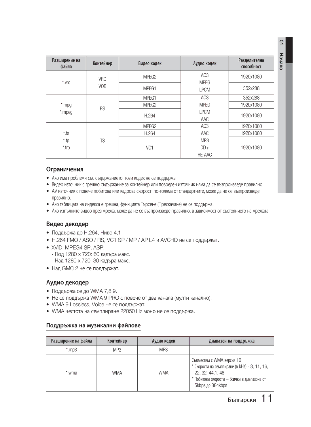 Samsung HT-D5000/EN manual Ограничения, Видео декодер, Аудио декодер, Поддръжка на музикални файлове 