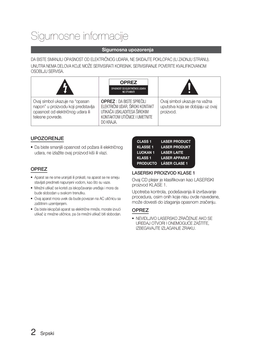 Samsung HT-D5000/EN manual Sigurnosne informacije, Sigurnosna upozorenja, Srpski 