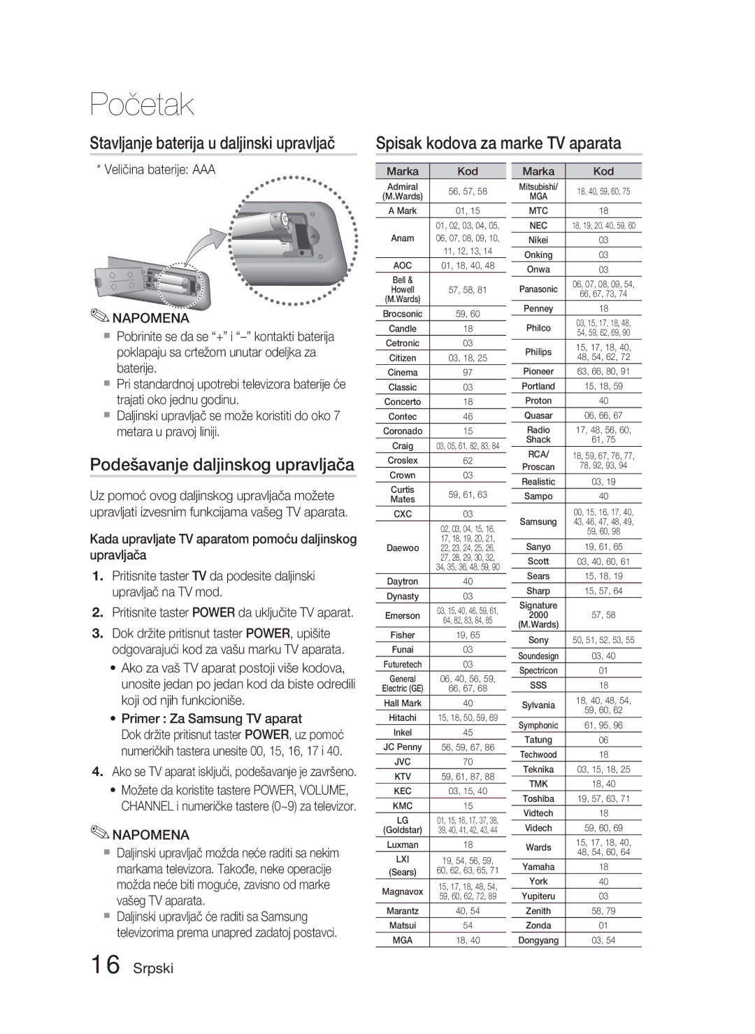 Samsung HT-D5000/EN Spisak kodova za marke TV aparata, Podešavanje daljinskog upravljača, Veličina baterije AAA, Marka Kod 