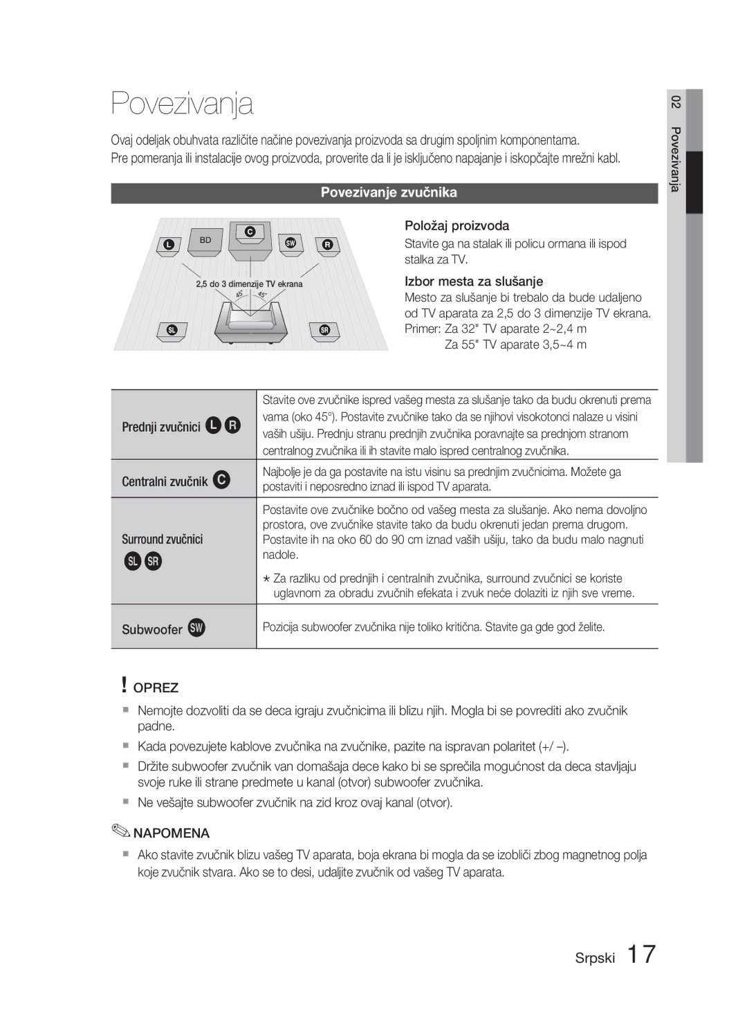 Samsung HT-D5000/EN manual Povezivanja, Povezivanje zvučnika 