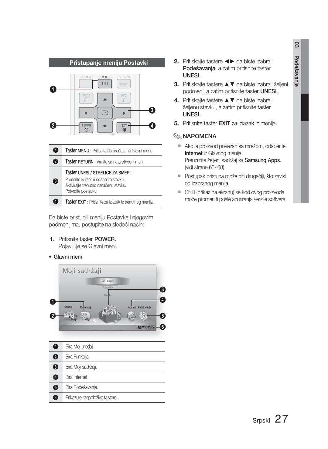 Samsung HT-D5000/EN manual Pristupanje meniju Postavki, Unesi 