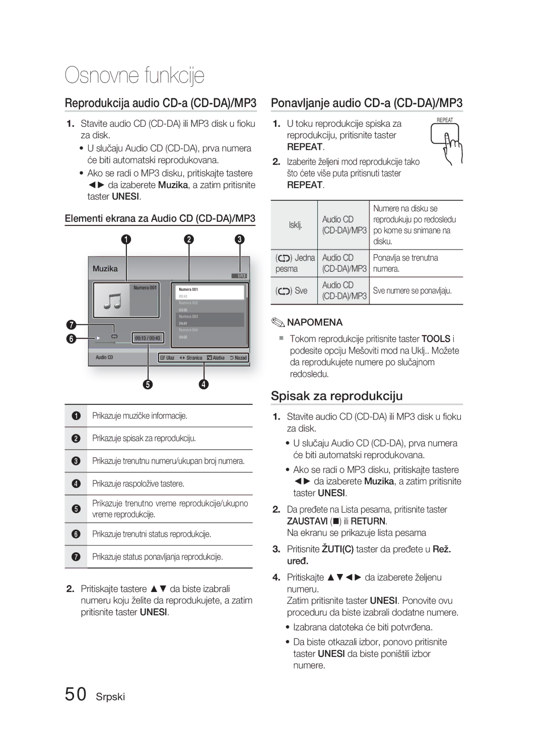 Samsung HT-D5000/EN manual Ponavljanje audio CD-a CD-DA/MP3, Spisak za reprodukciju, Reprodukcija audio CD-a CD-DA/MP3 