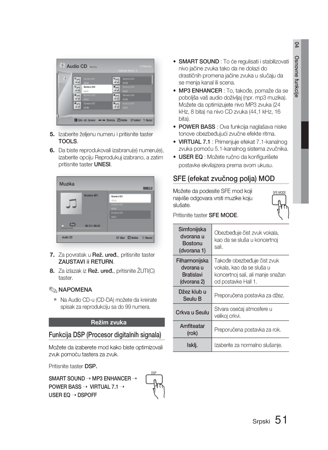 Samsung HT-D5000/EN manual SFE efekat zvučnog polja MOD, Režim zvuka, Funkcija DSP Procesor digitalnih signala 