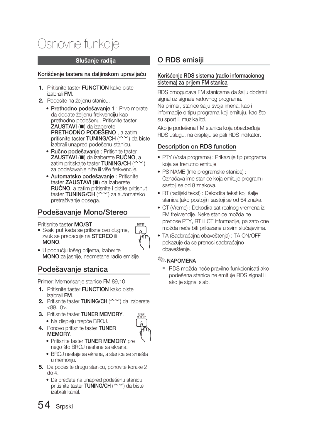 Samsung HT-D5000/EN manual Podešavanje Mono/Stereo, Podešavanje stanica, RDS emisiji, Slušanje radija 