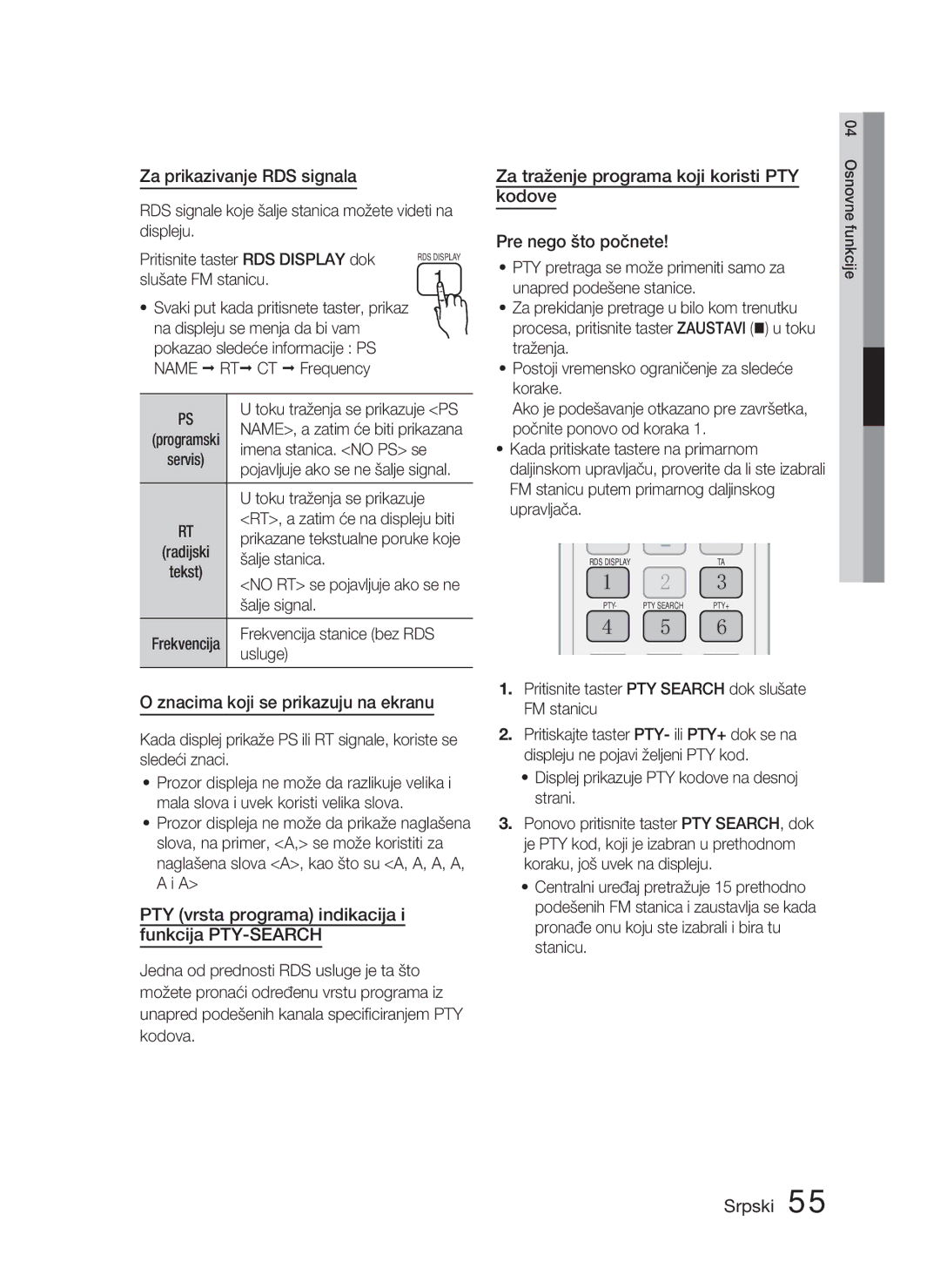 Samsung HT-D5000/EN manual Za prikazivanje RDS signala, Znacima koji se prikazuju na ekranu, Kodove, Pre nego što počnete 