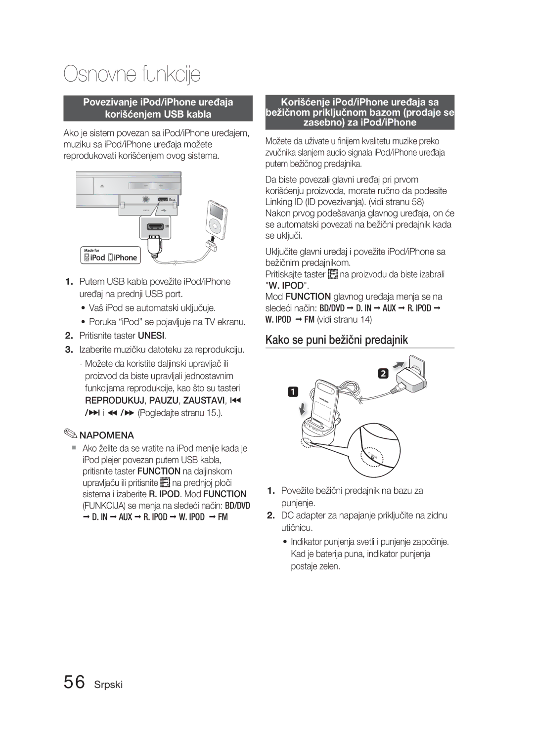 Samsung HT-D5000/EN manual Kako se puni bežični predajnik, Povezivanje iPod/iPhone uređaja Korišćenjem USB kabla 