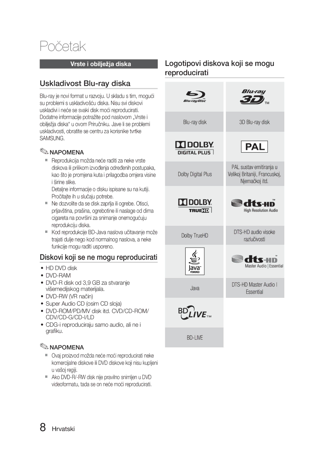 Samsung HT-D5000/EN manual Uskladivost Blu-ray diska, Diskovi koji se ne mogu reproducirati, Vrste i obilježja diska 