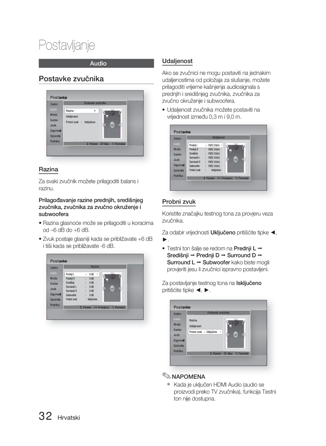 Samsung HT-D5000/EN manual Razina, Udaljenost, Probni zvuk 