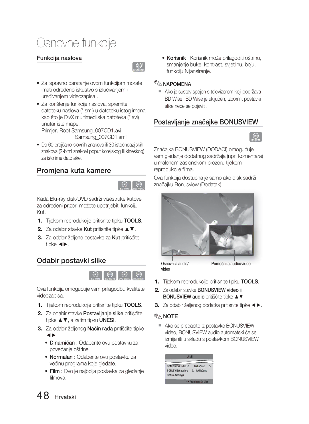 Samsung HT-D5000/EN manual Promjena kuta kamere, Odabir postavki slike, Postavljanje značajke Bonusview, Funkcija naslova 