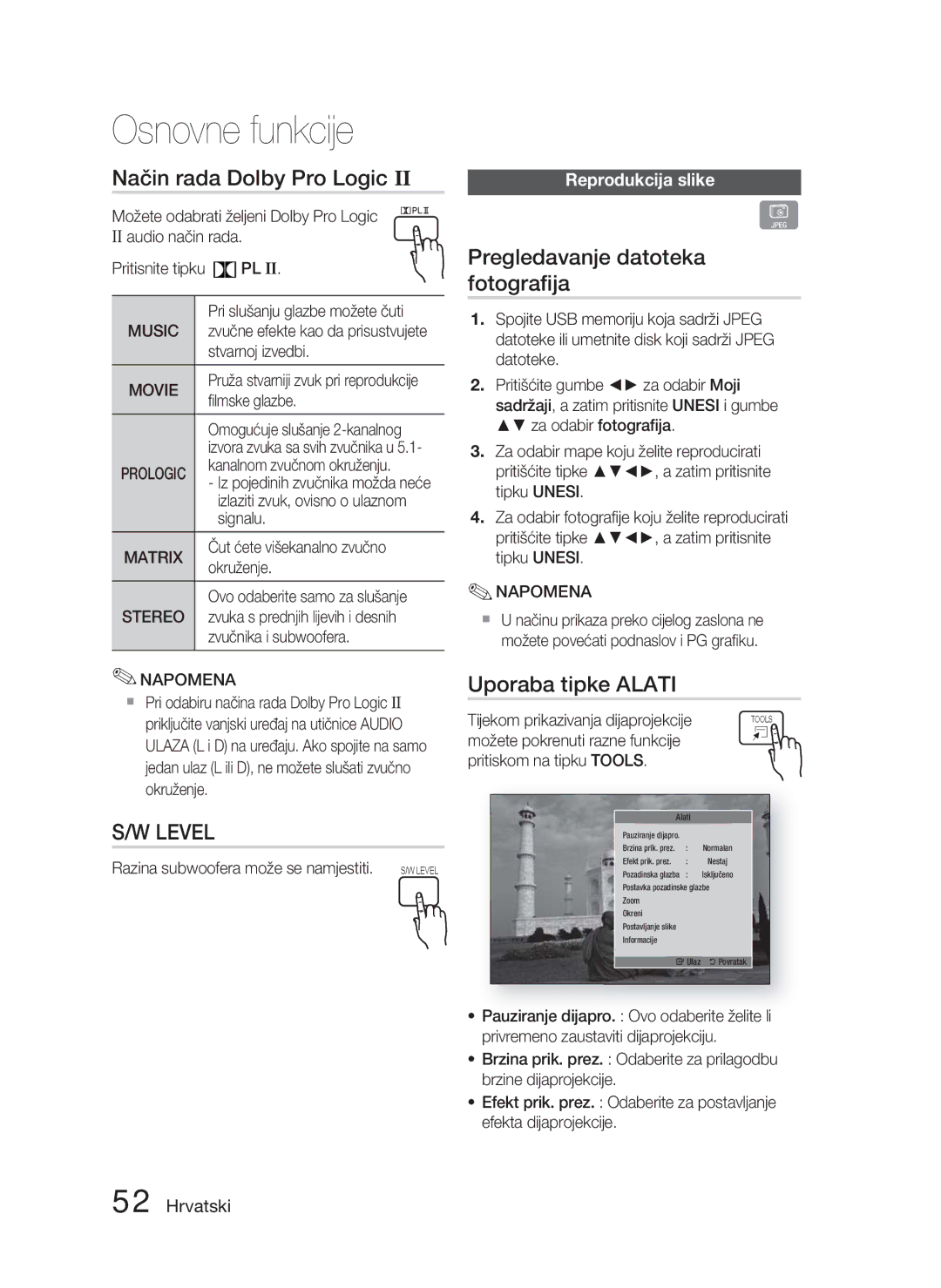 Samsung HT-D5000/EN manual Način rada Dolby Pro Logic, Pregledavanje datoteka fotograﬁja, Uporaba tipke Alati 