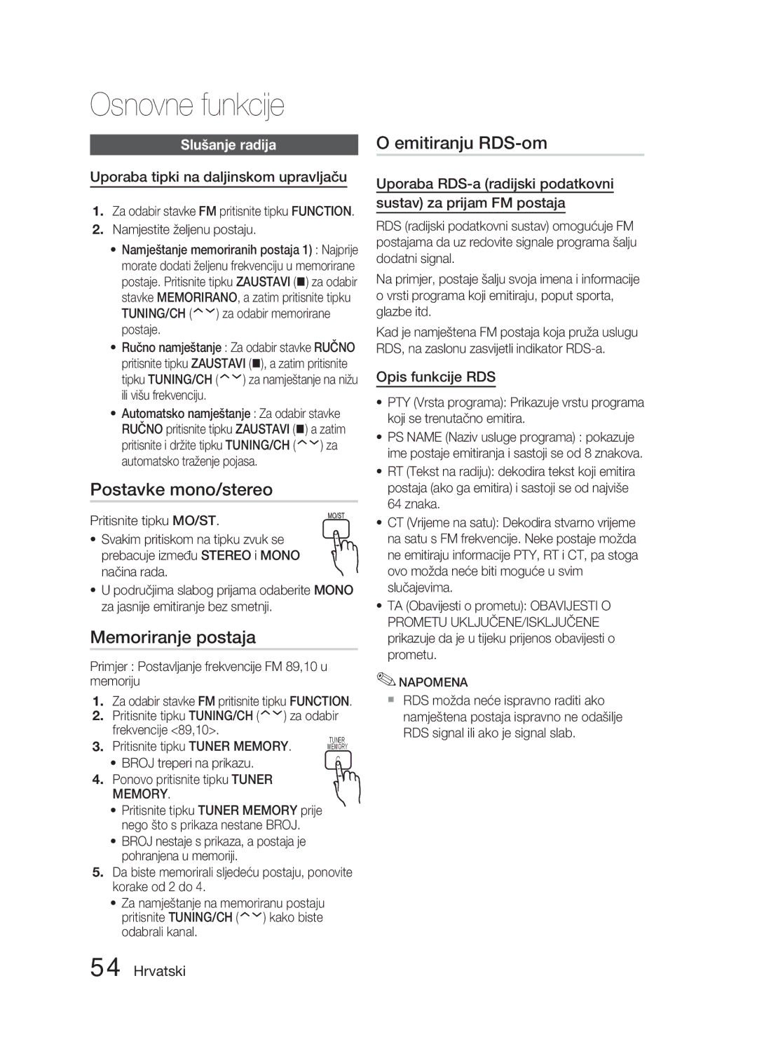 Samsung HT-D5000/EN Postavke mono/stereo, Memoriranje postaja, Emitiranju RDS-om, Uporaba tipki na daljinskom upravljaču 