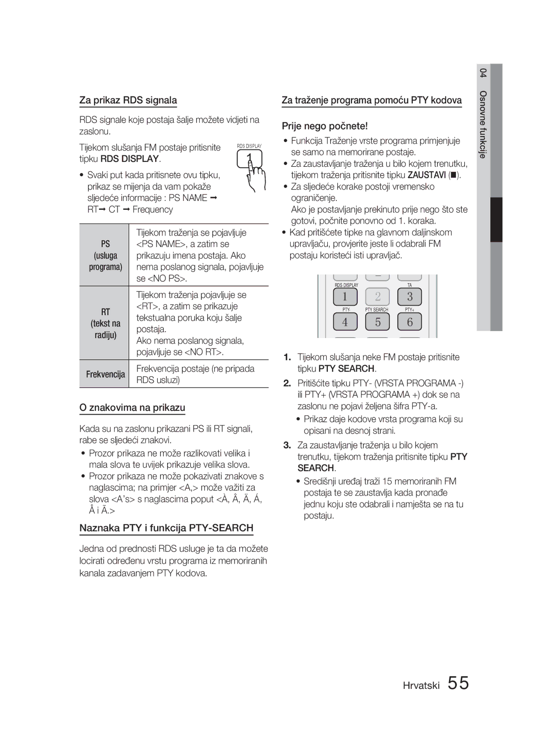 Samsung HT-D5000/EN Za prikaz RDS signala, Znakovima na prikazu, Naznaka PTY i funkcija PTY-SEARCH, Prije nego počnete 