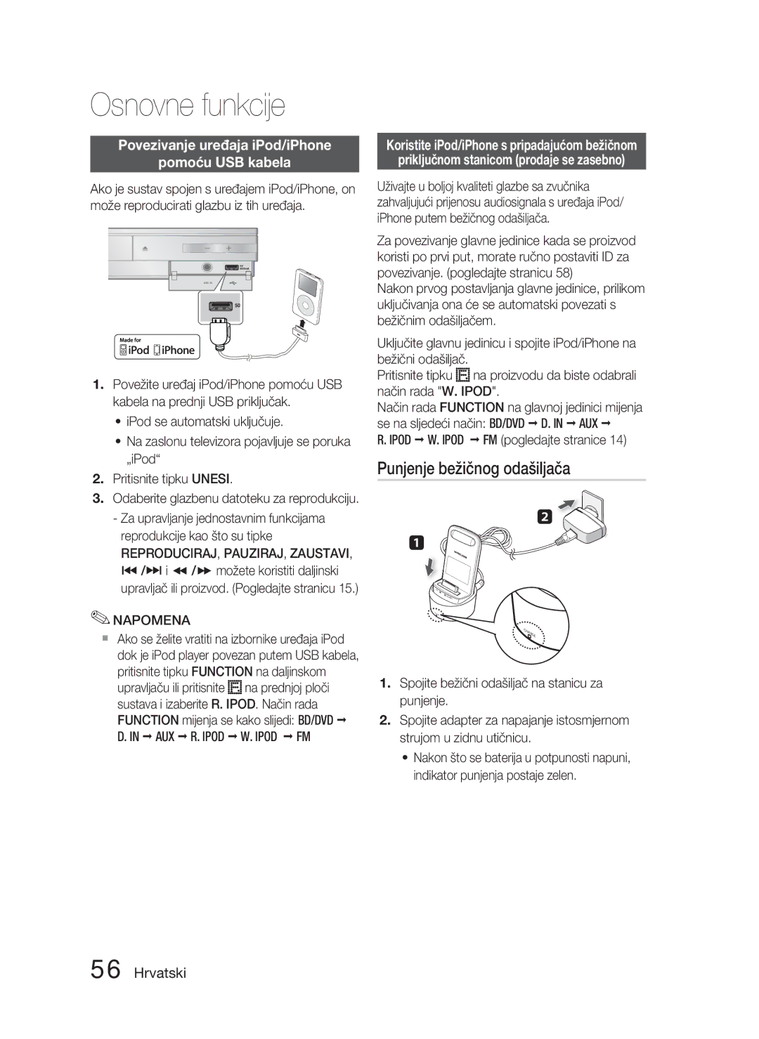 Samsung HT-D5000/EN manual Punjenje bežičnog odašiljača, Povezivanje uređaja iPod/iPhone Pomoću USB kabela 