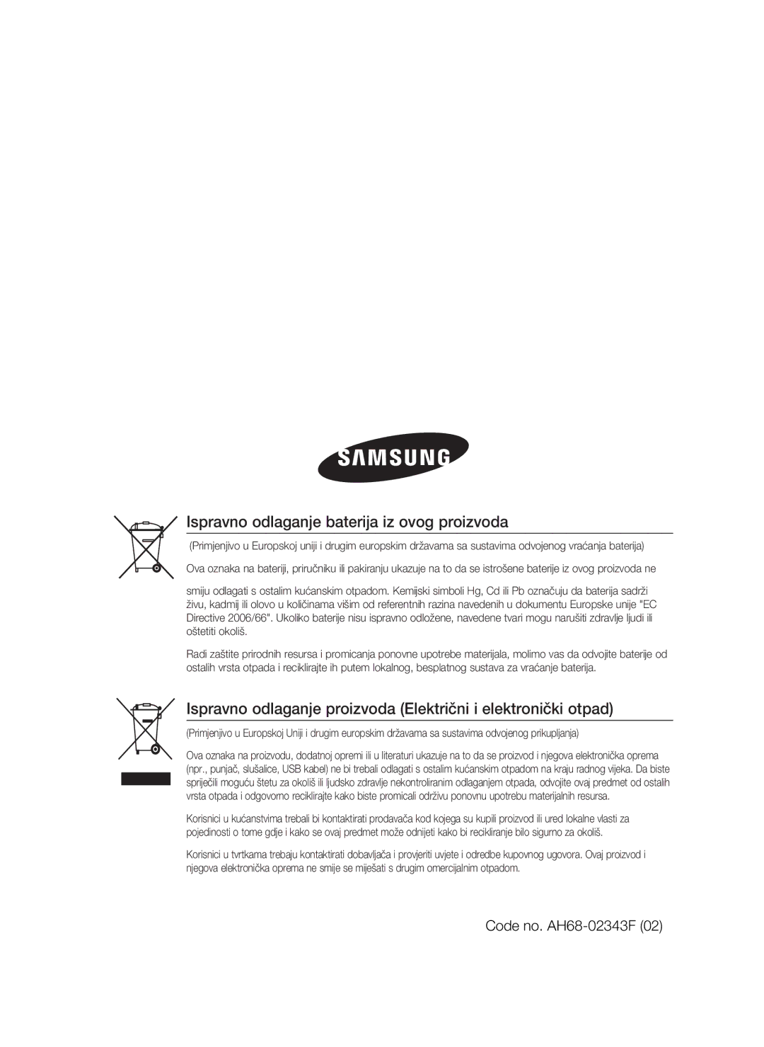 Samsung HT-D5000/EN manual Ispravno odlaganje baterija iz ovog proizvoda 