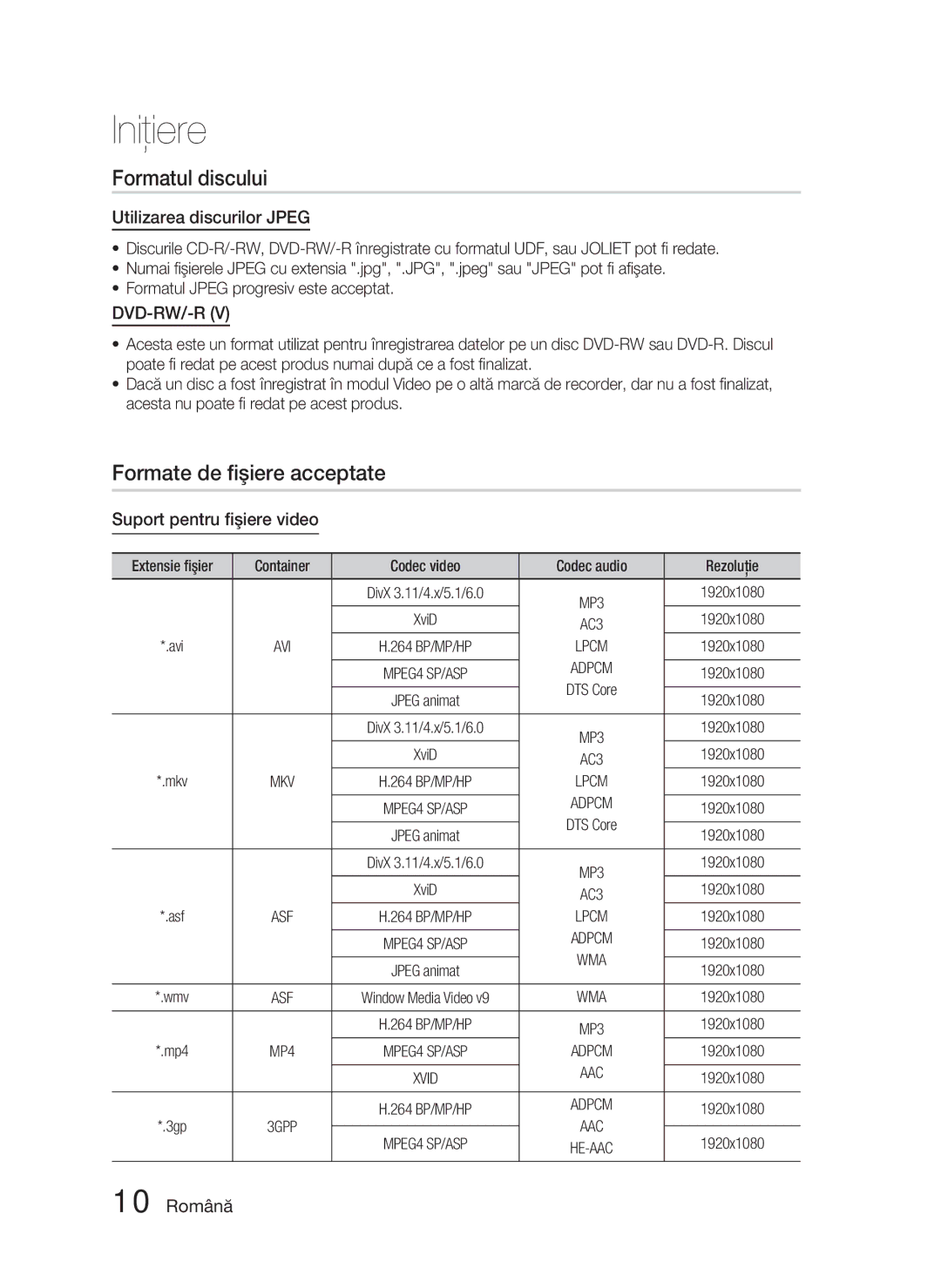 Samsung HT-D5000/EN Formatul discului, Formate de ﬁşiere acceptate, Utilizarea discurilor Jpeg, Suport pentru ﬁşiere video 