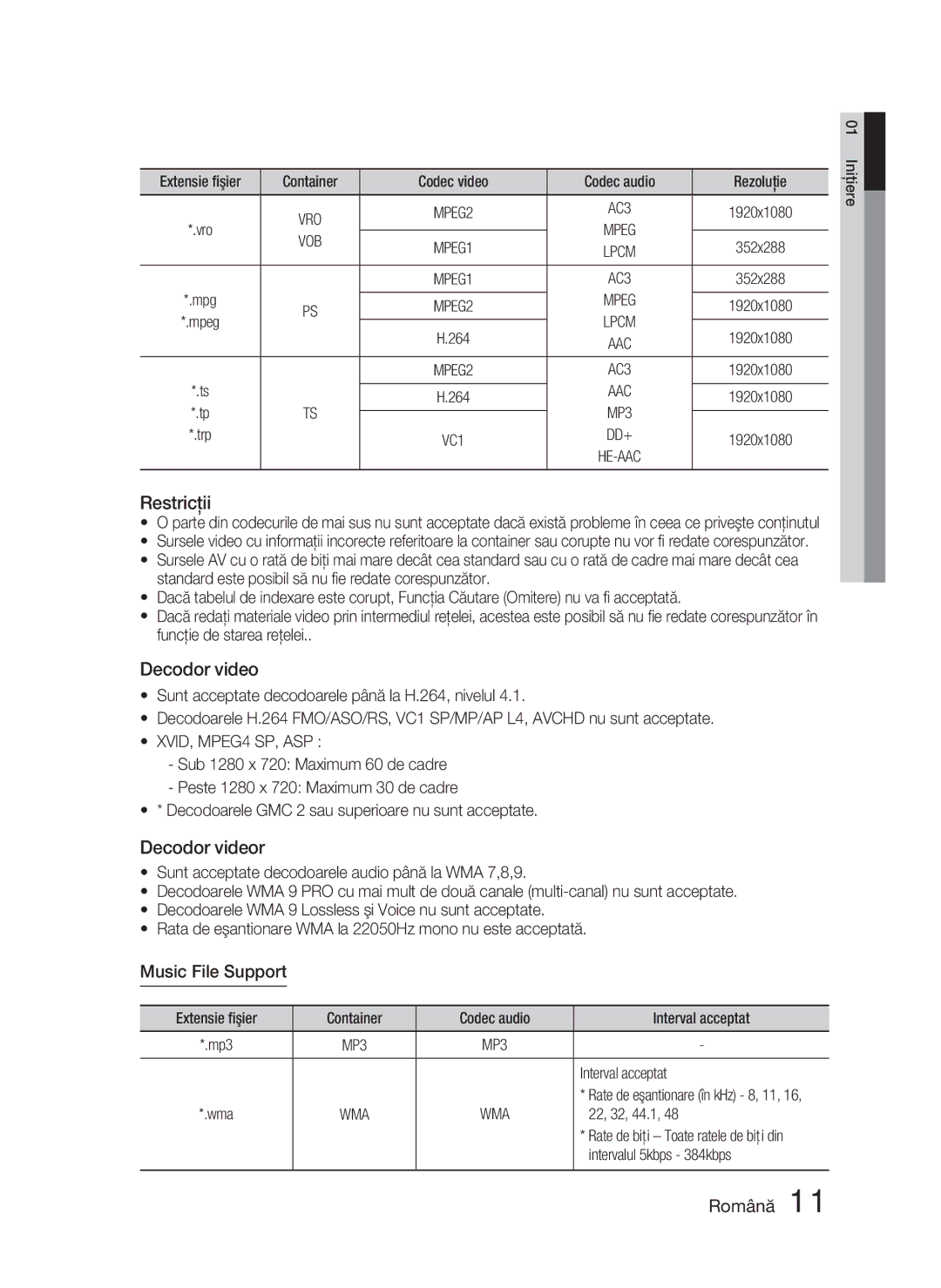 Samsung HT-D5000/EN manual Restricţii, Decodor videor, Music File Support 