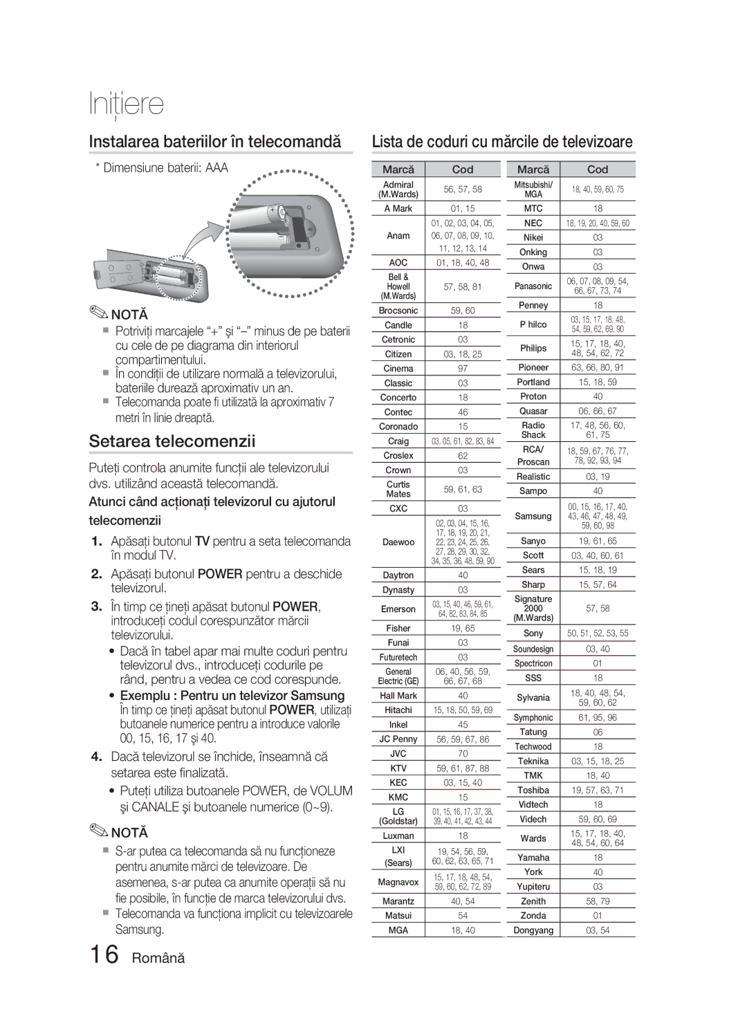 Samsung HT-D5000/EN manual Setarea telecomenzii, 16 Română, Dimensiune baterii AAA, Marcă Cod 