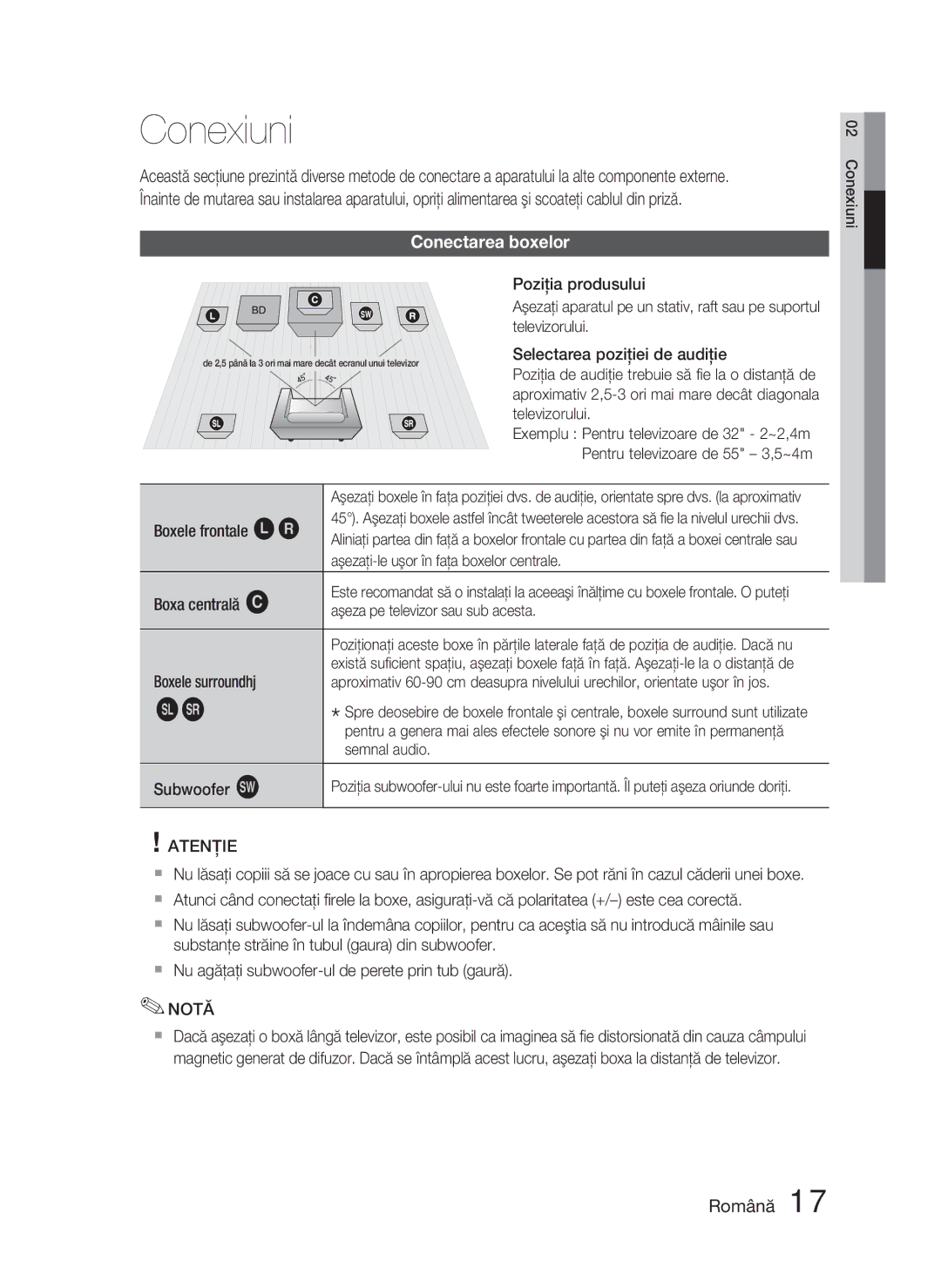 Samsung HT-D5000/EN manual Conexiuni, Conectarea boxelor 