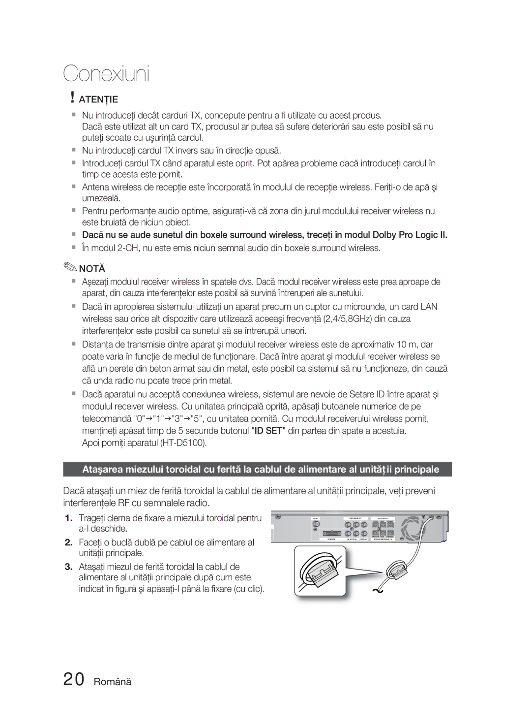 Samsung HT-D5000/EN manual 20 Română, Indicat în ﬁgură şi apăsaţi-l până la ﬁxare cu clic 