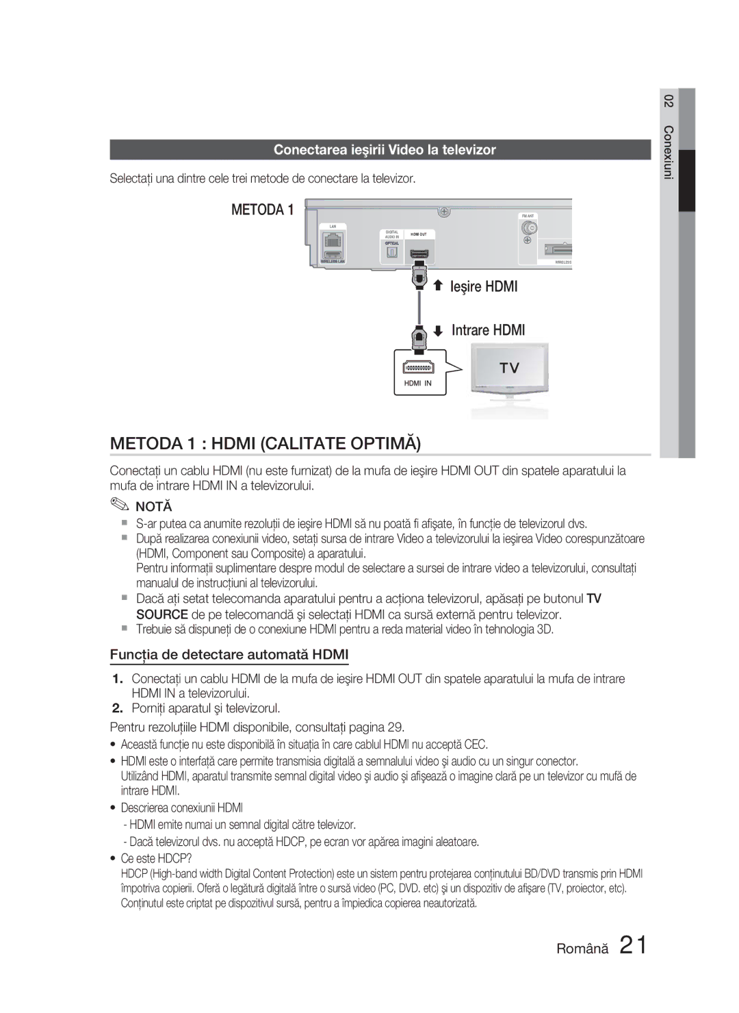 Samsung HT-D5000/EN Ieşire Hdmi Intrare Hdmi, Conectarea ieşirii Video la televizor, Funcţia de detectare automată Hdmi 