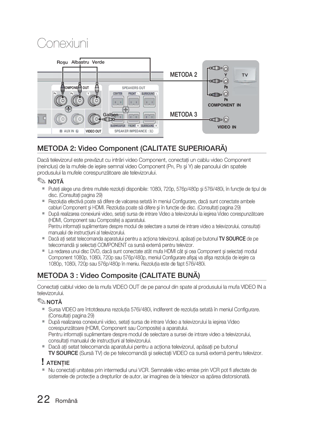 Samsung HT-D5000/EN manual Metoda 2 Video Component Calitate Superioară, Metoda 3 Video Composite Calitate Bună, 22 Română 