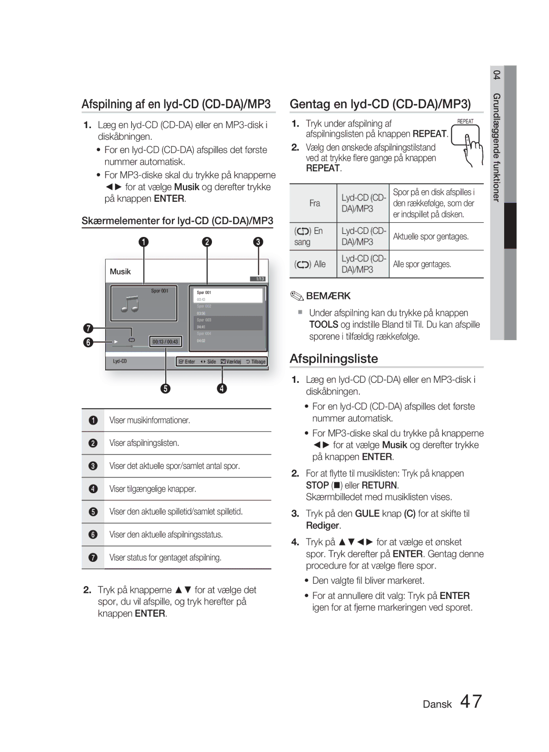 Samsung HT-D5000/XE manual Gentag en lyd-CD CD-DA/MP3, Afspilningsliste, Skærmelementer for lyd-CD CD-DA/MP3, Repeat 