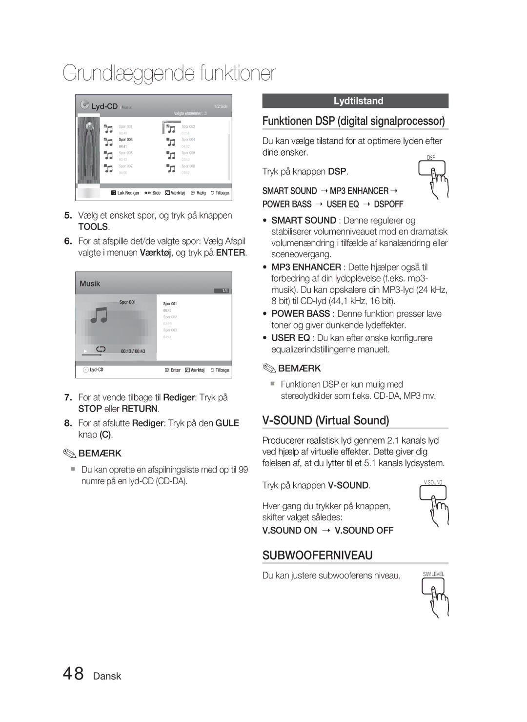 Samsung HT-D5000/XE manual Funktionen DSP digital signalprocessor, Lydtilstand, Sound on Sound OFF 