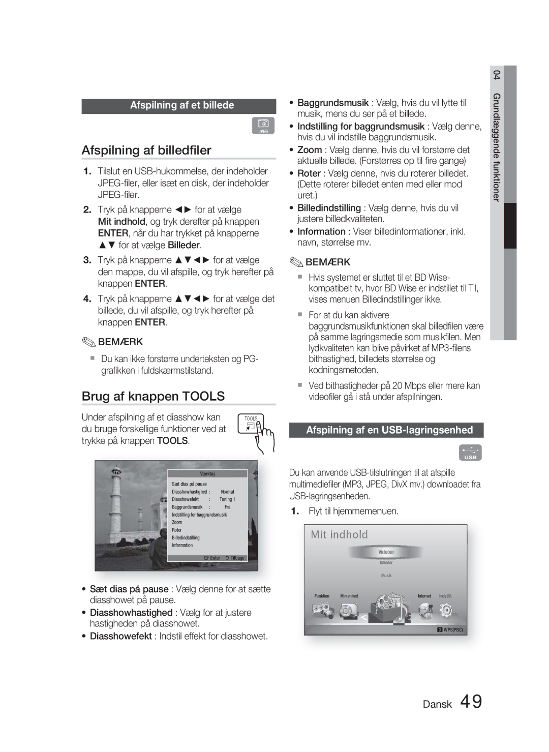 Samsung HT-D5000/XE manual Afspilning af billedﬁler, Brug af knappen Tools, Afspilning af et billede 