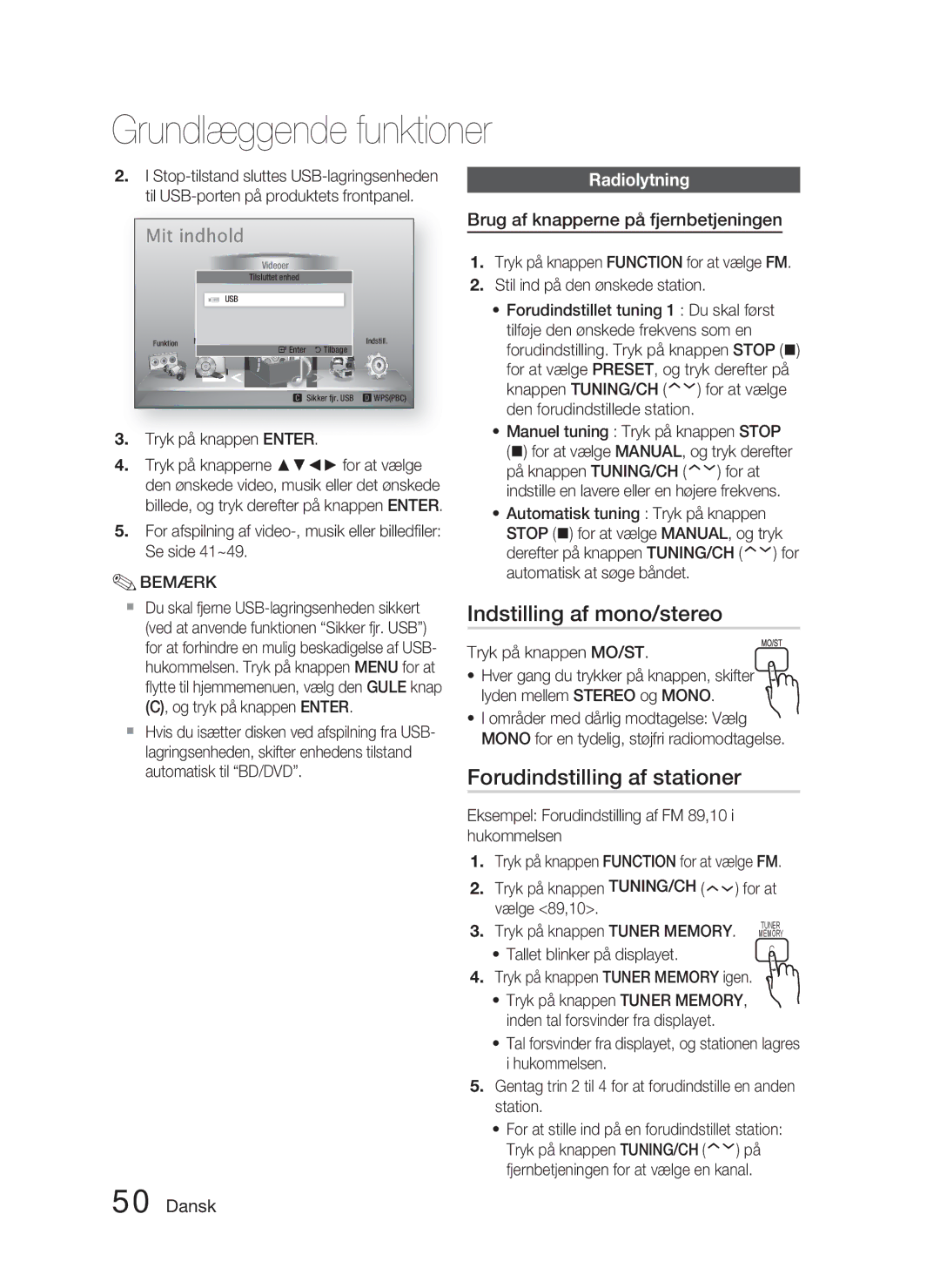 Samsung HT-D5000/XE manual Indstilling af mono/stereo, Forudindstilling af stationer, Radiolytning 