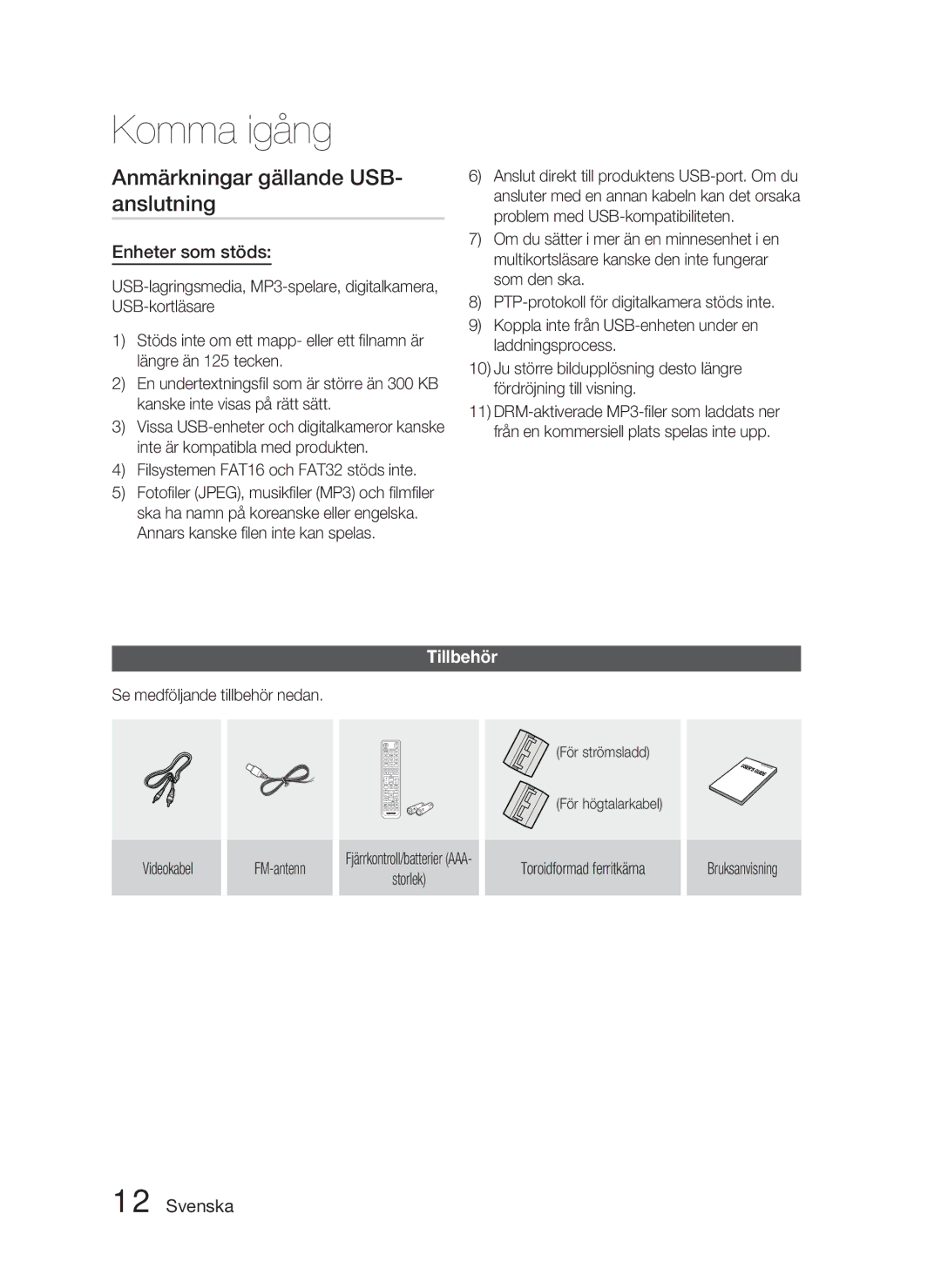 Samsung HT-D5000/XE manual Anmärkningar gällande USB- anslutning, Enheter som stöds, Tillbehör 