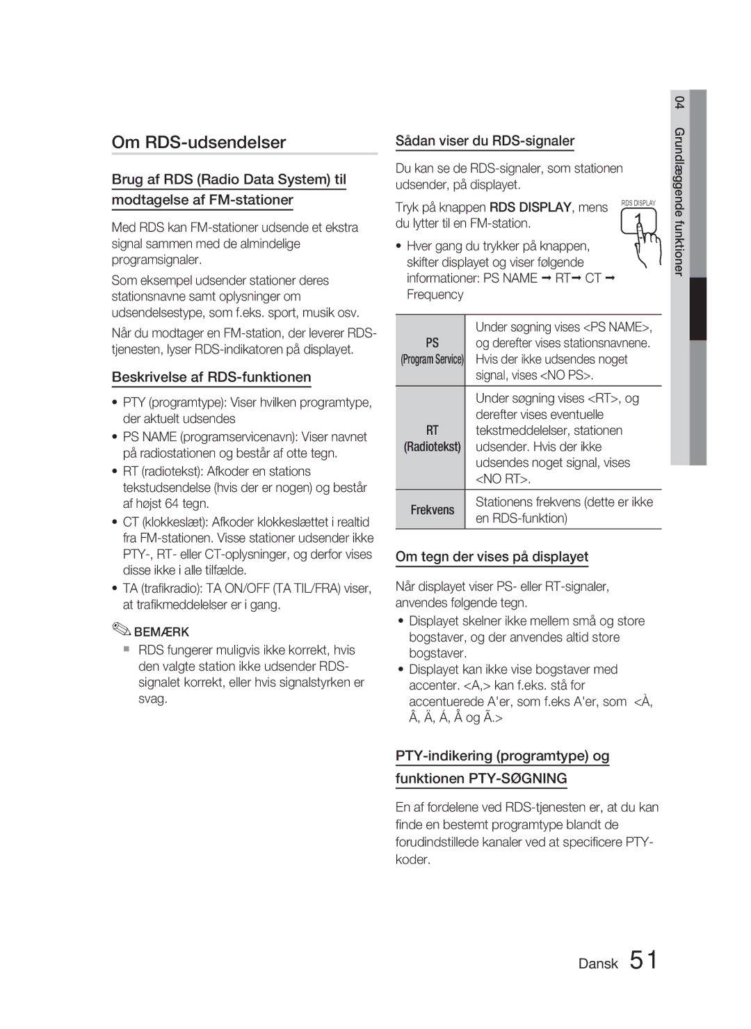 Samsung HT-D5000/XE manual Om RDS-udsendelser, Beskrivelse af RDS-funktionen, Sådan viser du RDS-signaler 