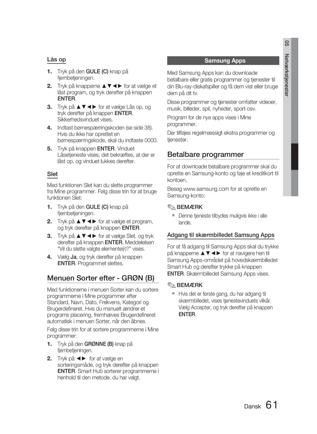 Samsung HT-D5000/XE Menuen Sorter efter Grøn B, Betalbare programmer, Lås op, Slet, Adgang til skærmbilledet Samsung Apps 