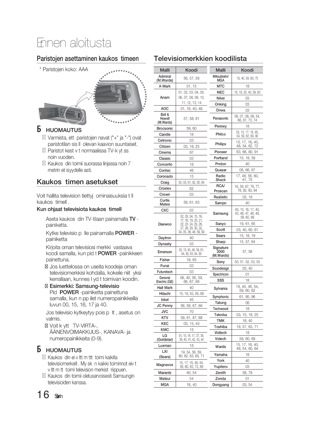 Samsung HT-D5000/XE manual Televisiomerkkien koodilista, Kaukosäätimen asetukset, Paristojen asettaminen kaukosäätimeen 