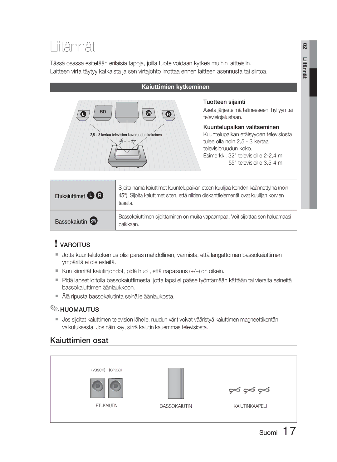 Samsung HT-D5000/XE manual Liitännät, Kaiuttimien osat, Kaiuttimien kytkeminen, Etukaiuttimet ei Bassokaiutin g 