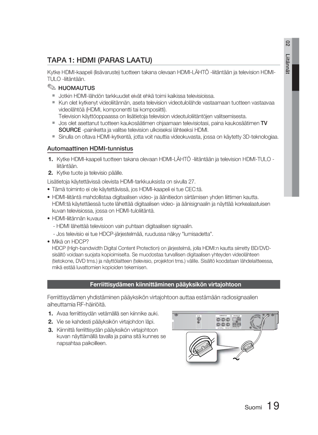 Samsung HT-D5000/XE manual Automaattinen HDMI-tunnistus, Ferriittisydämen kiinnittäminen pääyksikön virtajohtoon 