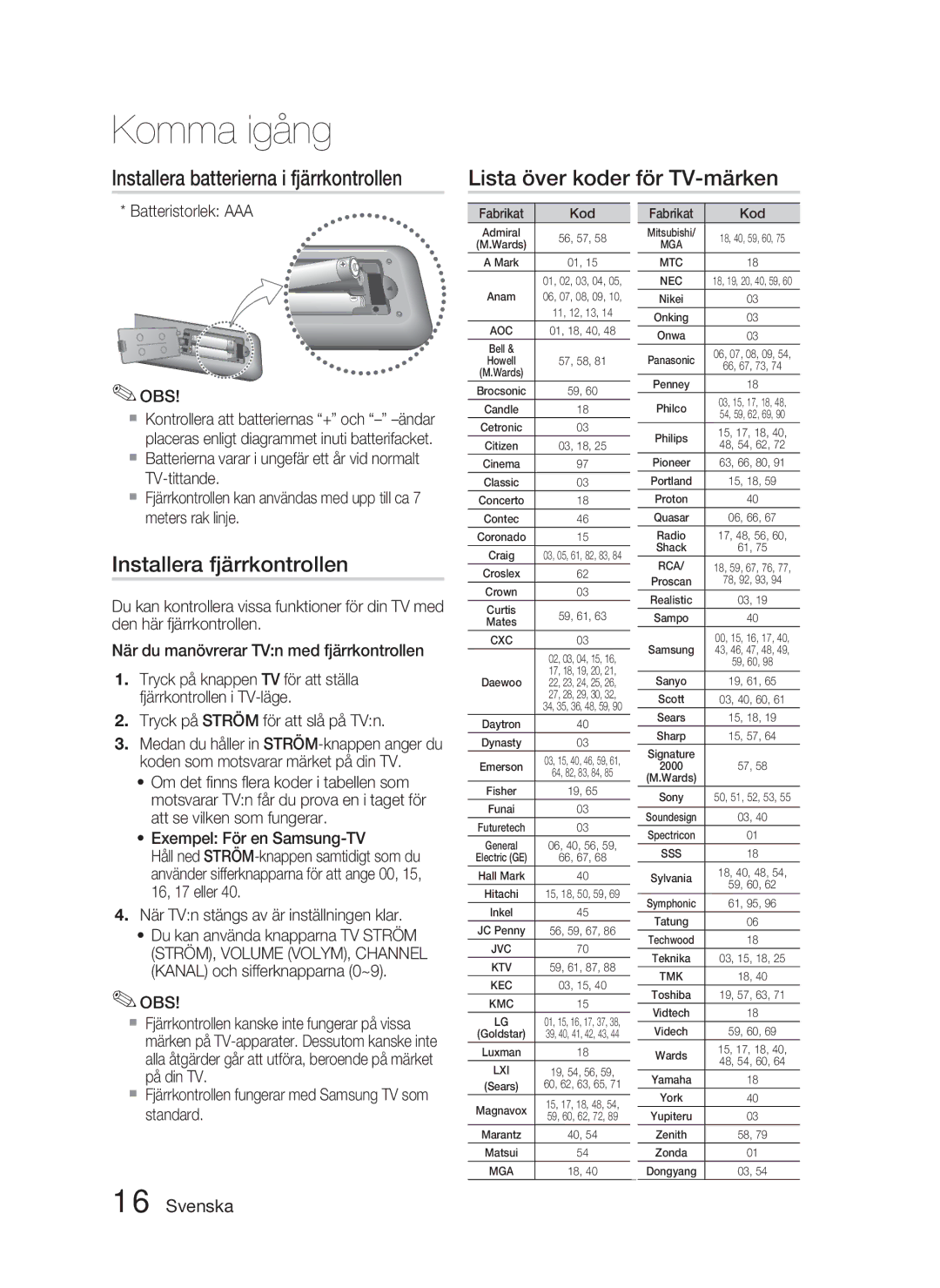 Samsung HT-D5000/XE manual Installera fjärrkontrollen, Batteristorlek AAA OBS, Fabrikat Kod 