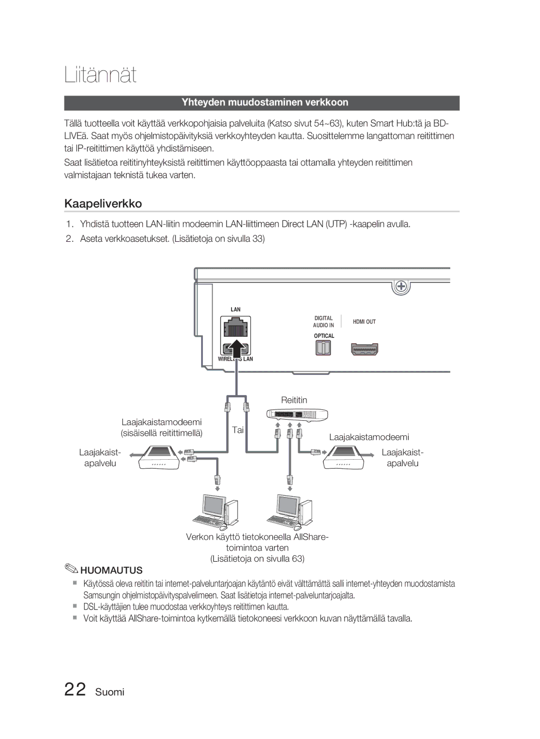 Samsung HT-D5000/XE manual Yhteyden muudostaminen verkkoon, Laajakaistamodeemi Tai Sisäisellä reitittimellä Apalvelu 