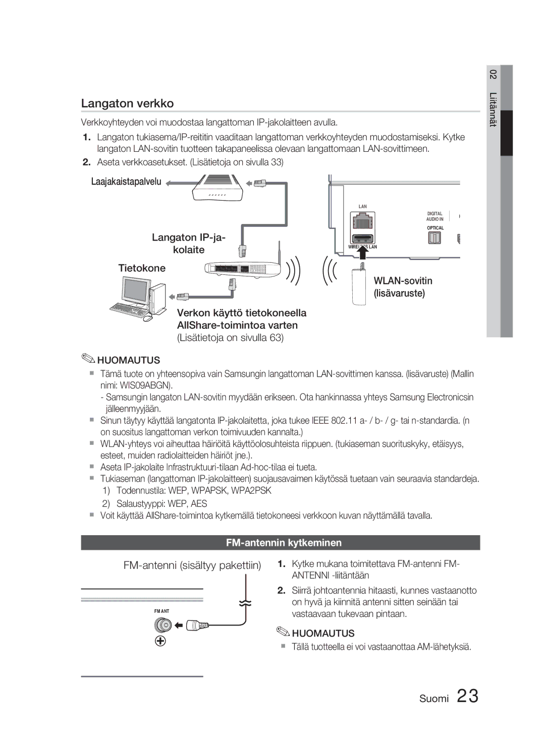 Samsung HT-D5000/XE manual FM-antenni sisältyy pakettiin, FM-antennin kytkeminen 