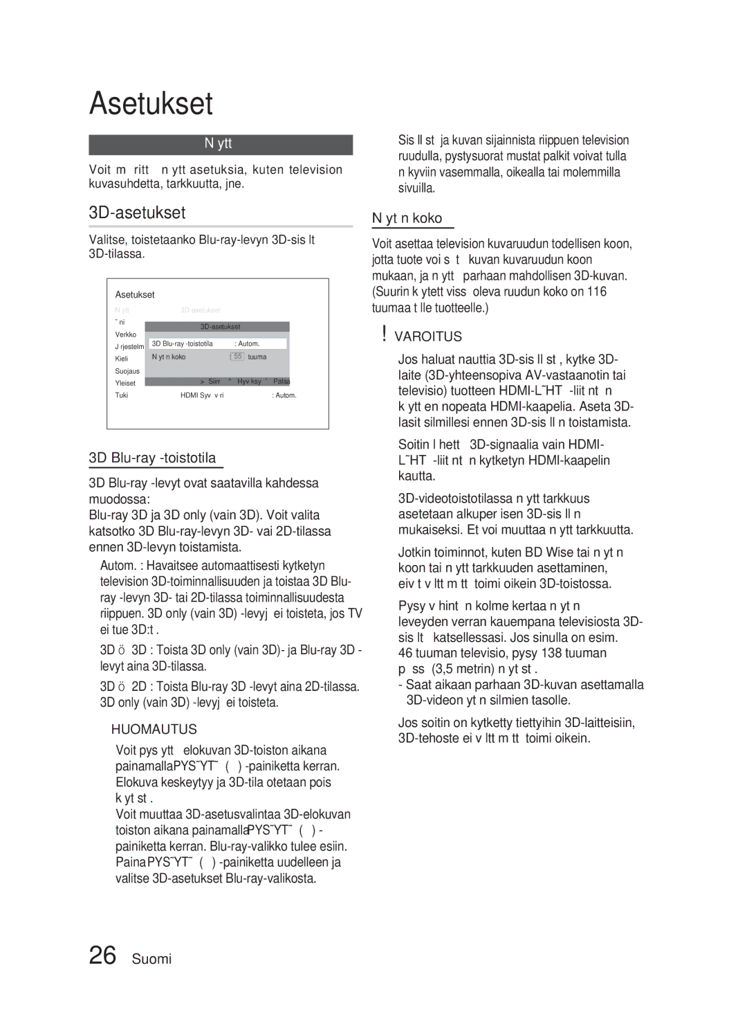 Samsung HT-D5000/XE manual 3D-asetukset, Näyttö, 3D Blu-ray -toistotila, Näytön koko 