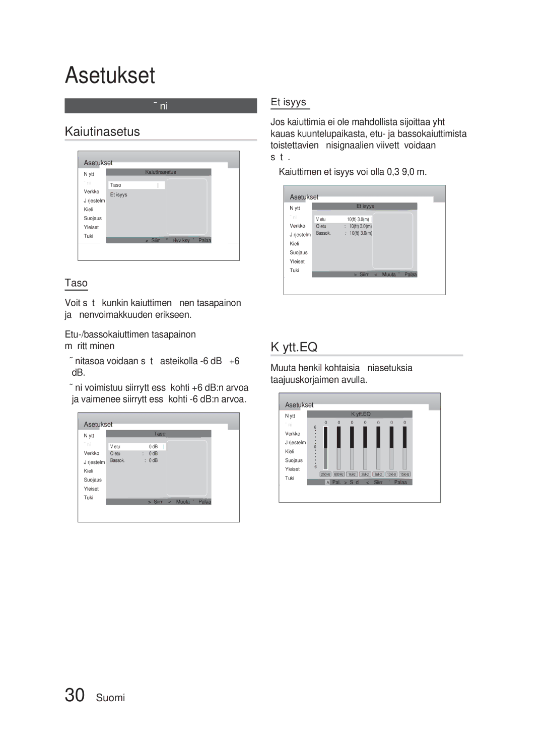 Samsung HT-D5000/XE manual Kaiutinasetus, Käytt.EQ, Etäisyys, Taso 