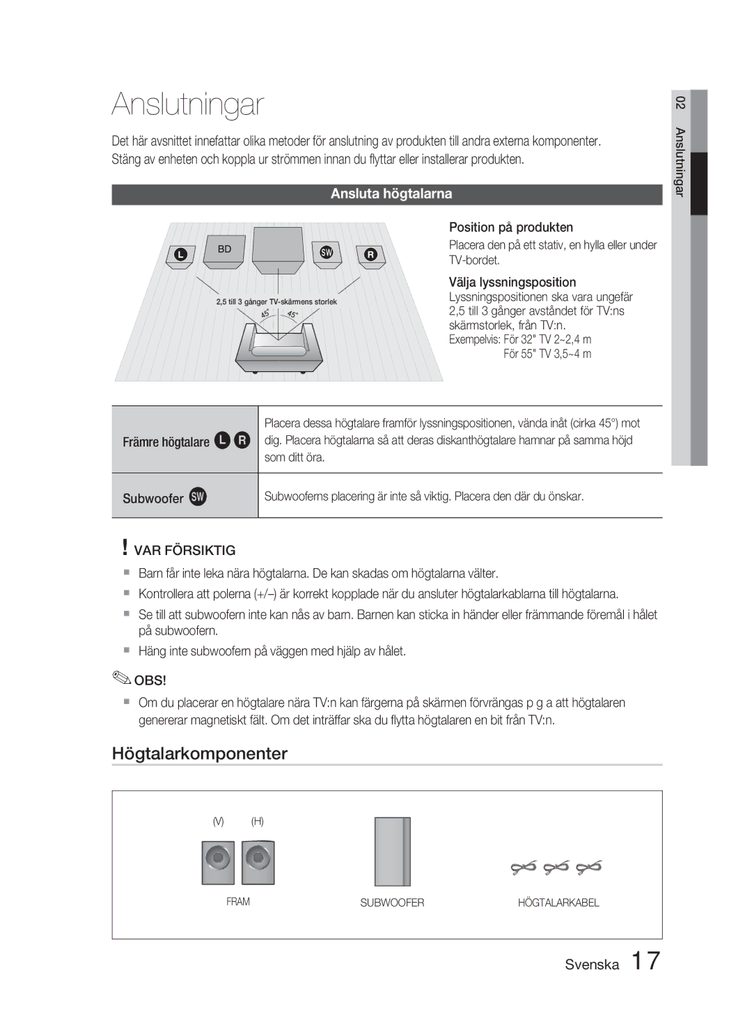 Samsung HT-D5000/XE manual Anslutningar, Högtalarkomponenter, Ansluta högtalarna 