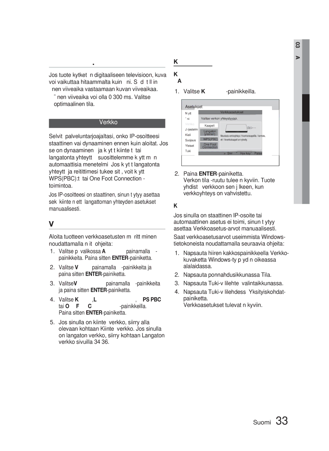 Samsung HT-D5000/XE manual Äänen synkr, Verkkoasetukset, Kiinteä verkko 