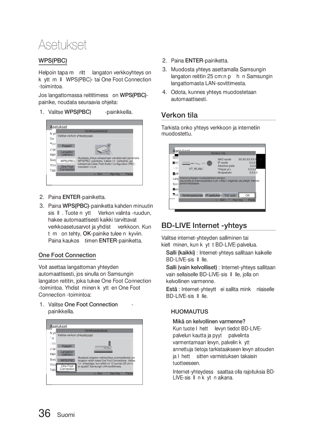 Samsung HT-D5000/XE manual Verkon tila, BD-LIVE Internet -yhteys, Valitse Wpspbc -painikkeilla 